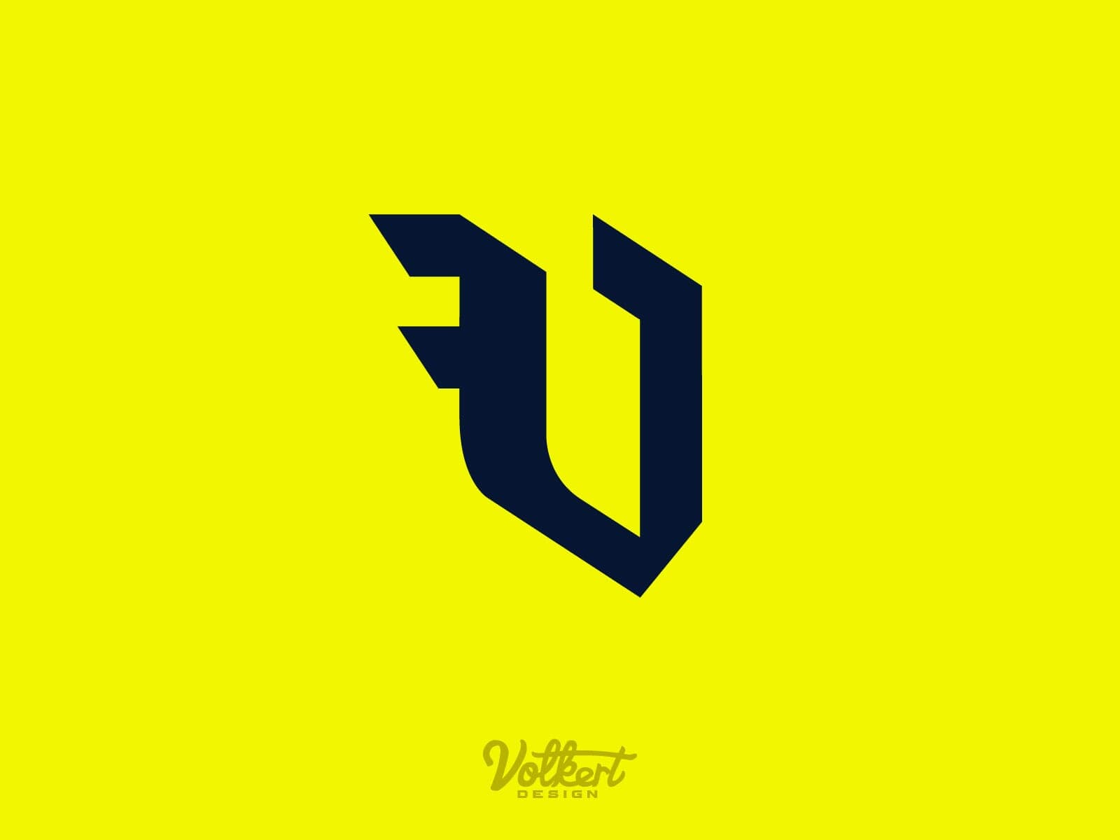 Volkert Design blackletter V in navy blue on a bright yellow solid background