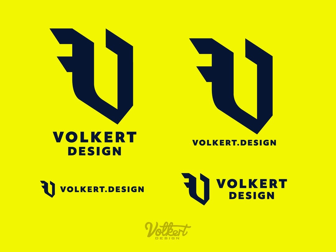 Volkert Design logo and brand mark lockups on a bright yellow background