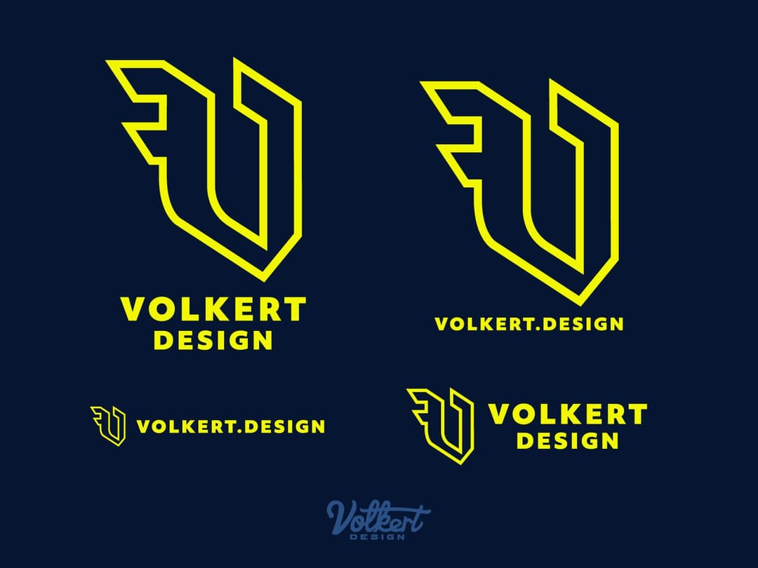 Outline versions of the Volkert Design V blackletter on a navy background with the text in bright yellow