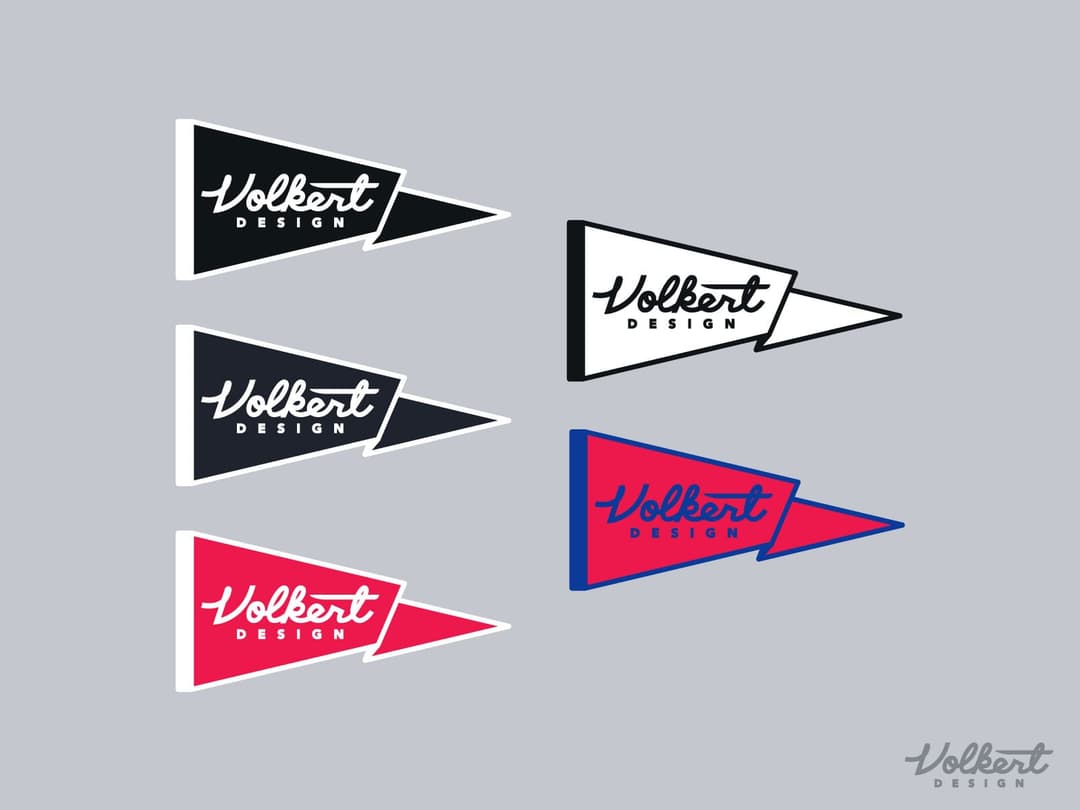 Volkert Design script in a variety of solid color pennants.