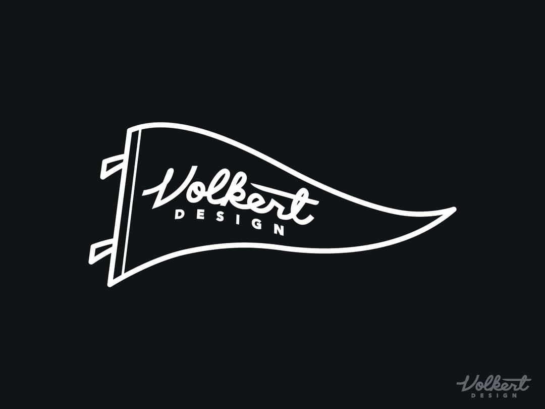 Volkert Design script in a waving single black pennant.