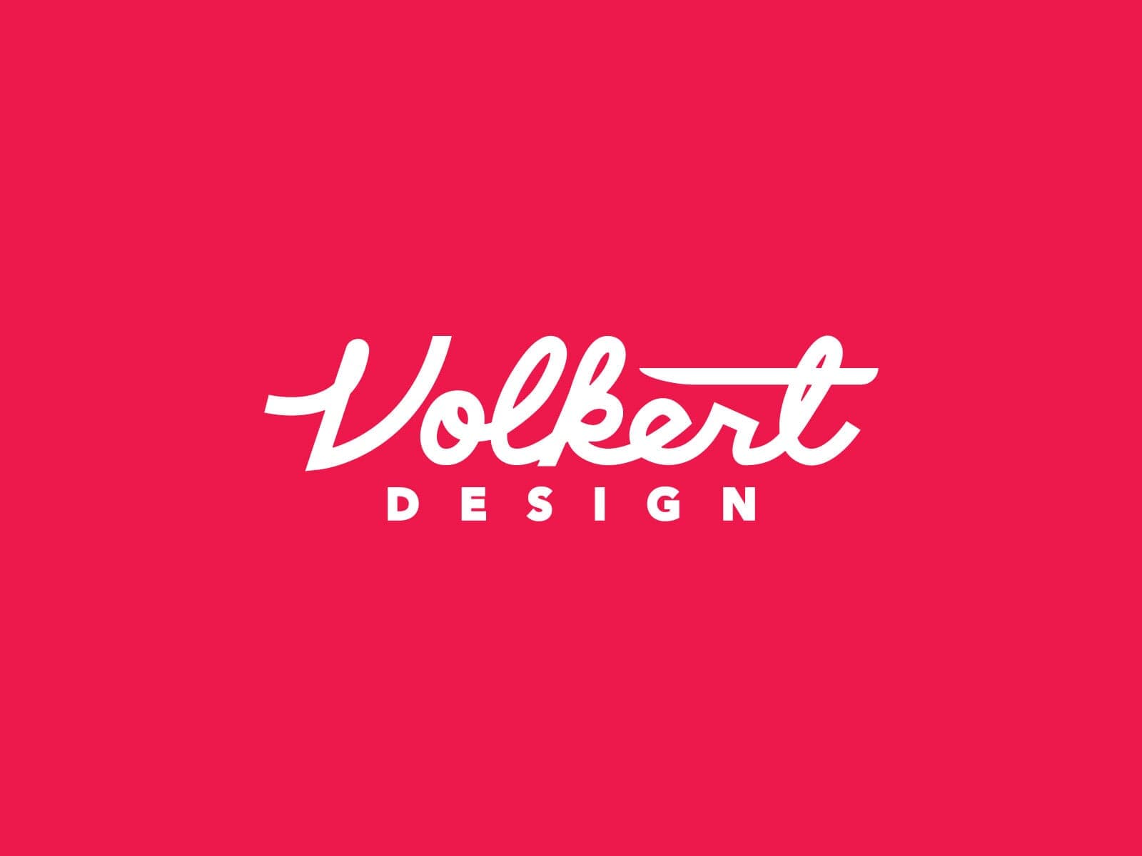 Volkert Design streamline script in white on brand red.