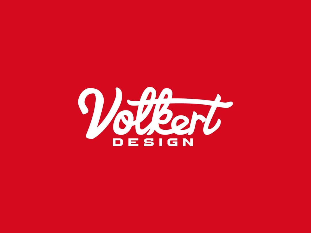 Primary Volkert Design logo with a white script on a solid red background