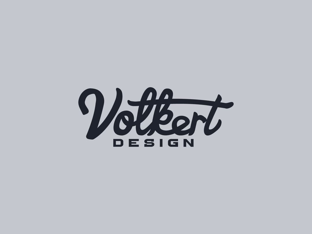 Primary Volkert Design logo with a black script on a gray background