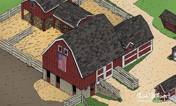 Close up of barn with Flag at Historic Wagner Farms