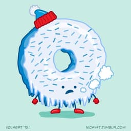 A sprinkle donut with hat, gloves and boots is frozen solid.