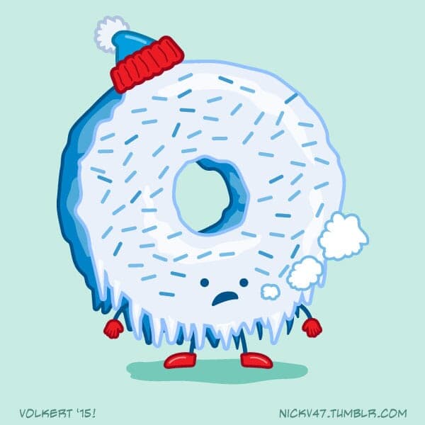 A sprinkle donut with hat, gloves and boots is frozen solid.