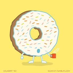 A yawning sprinkle donut yawns while holding coffee during a sunny morning.