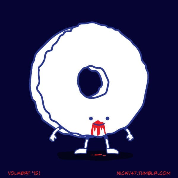 A donut that is dressed as rocker Andrew WK.