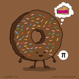 A donut celebrating Pi day while thinking of a pie.