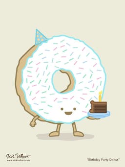 A donut dressed for a birthday party proudly holds a piece of birthday cake.