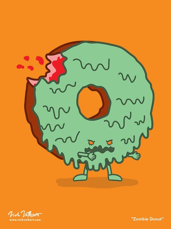 A donut with a big bite out of the top of it slowly walks by as it goes through a melting process and has turned green and also into a zombie.