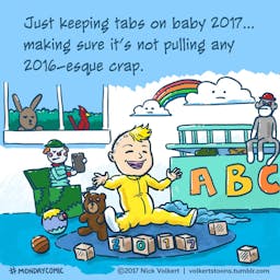 A newborn baby New Year in a playroom being monitored by his toys because of how terrible 2016 was.