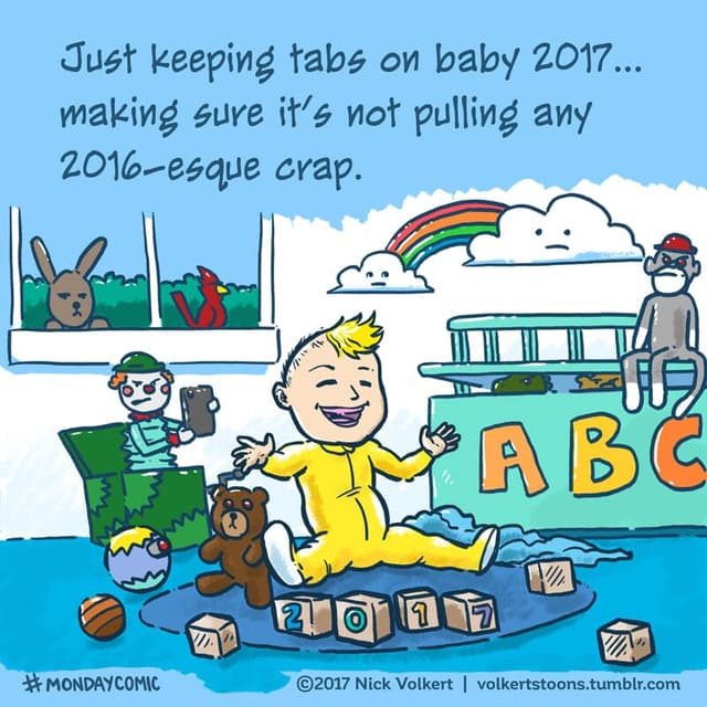 A newborn baby New Year in a playroom being monitored by his toys because of how terrible 2016 was.