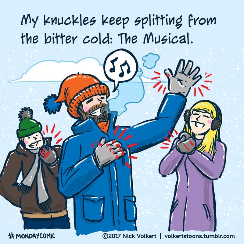A man with a beard and stocking cap sings to friends about his knuckles splitting from the cold.