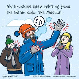 A man with a beard and stocking cap sings to friends about his knuckles splitting from the cold.