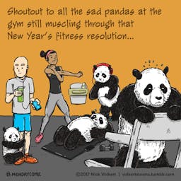 Sad pandas cling to healthy gym goers.