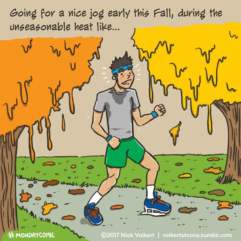 A man is struggling during a jog during the Fall.