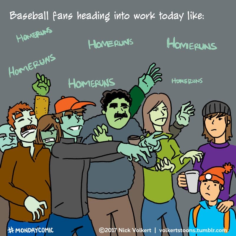 A group of zombies chant 'homeruns'.