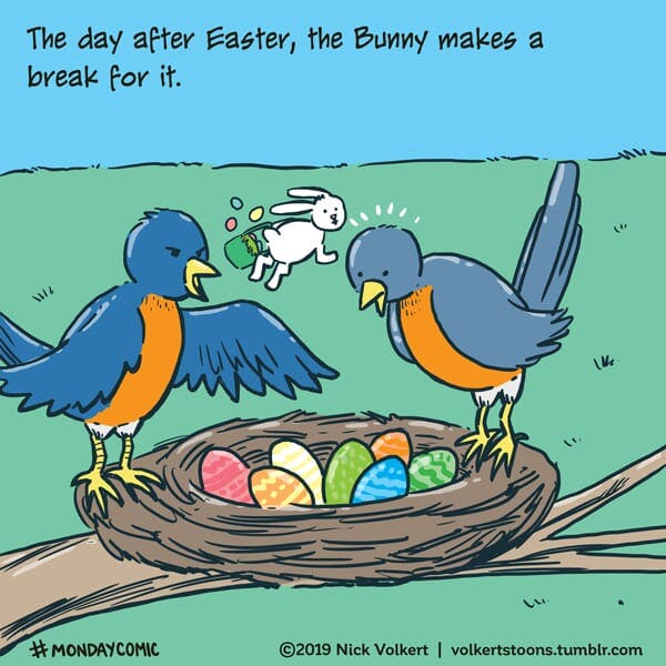 The Easter Bunny makes a break for it after a discover in a robin's nest.