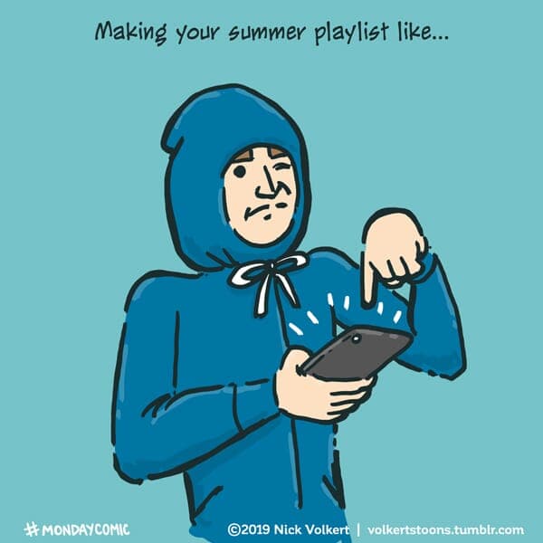 A man with his hoodie strings draw works on his playlist.