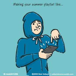 A man with his hoodie strings draw works on his playlist.