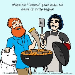 Characters from Game of Thrones enjoy a summer grilling.