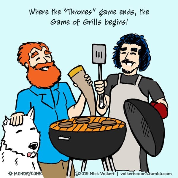 Characters from Game of Thrones enjoy a summer grilling.