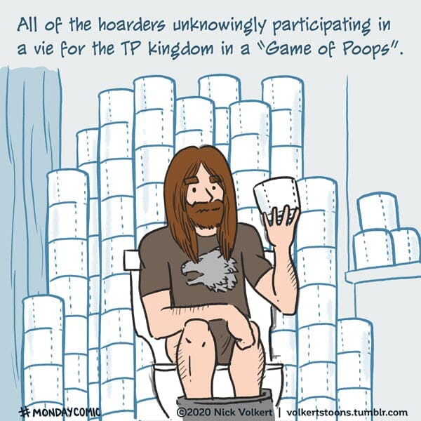 A man sits on the throne surrounded by loads of toilet paper.