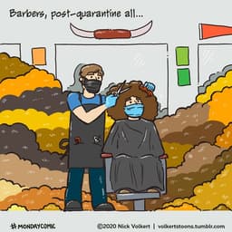 A barber is surrounded by mounds of hair.