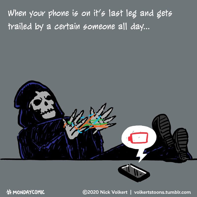 The grim reaper bides his time waiting for a phone battery to finally die.