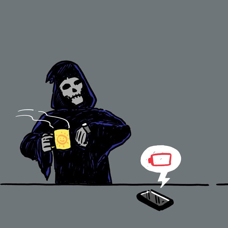 The grim reaper bides his time waiting for a phone battery to finally die. - Part 2
