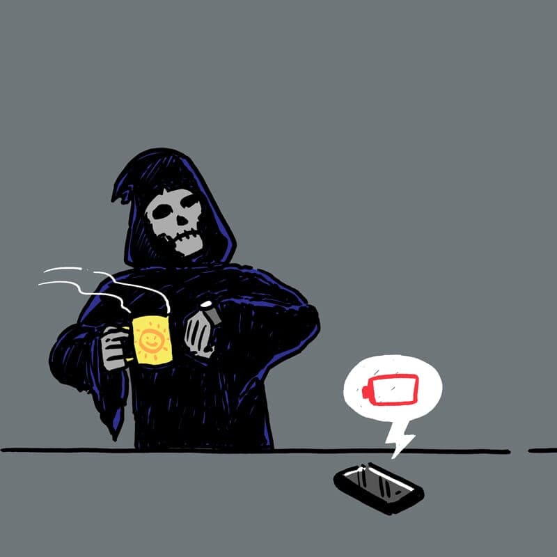 The grim reaper bides his time waiting for a phone battery to finally die.