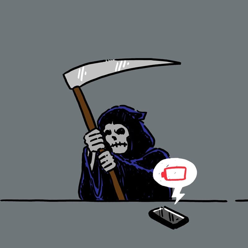 The grim reaper bides his time waiting for a phone battery to finally die. - Part 3