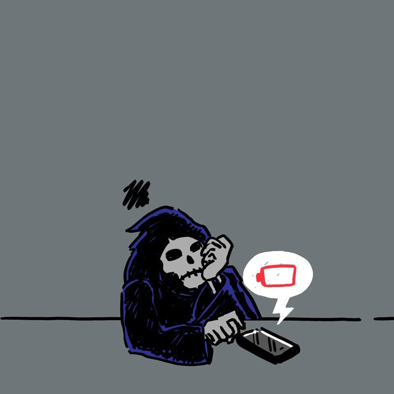 The grim reaper bides his time waiting for a phone battery to finally die.