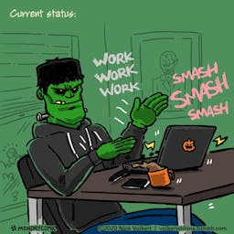 Frankenstein's monster goes to town on a laptop keyboard.