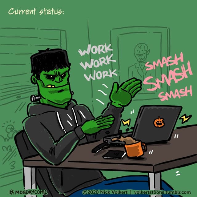 Frankenstein's monster goes to town on a laptop keyboard.