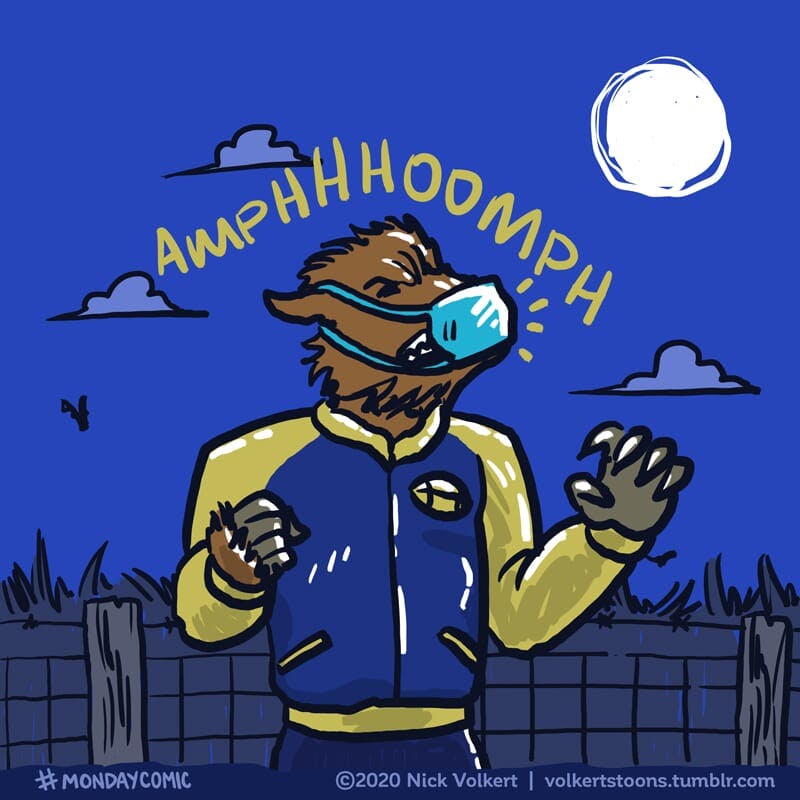 A werewolf howls at the moon while wearing a mask.