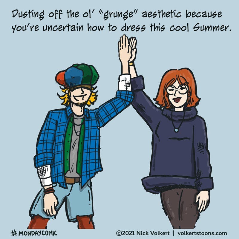 A couple high fives in their best grunge gear during a cool summer.