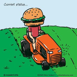 A man with a burger head mows his lawn.