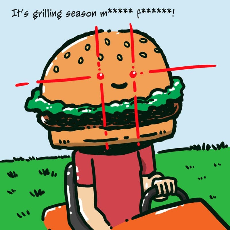 A man with a burger head mows his lawn.