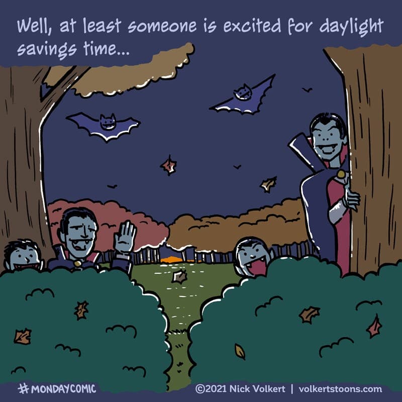 Various vampires look out from their hiding spots as the sun fades in the background. - Part 1