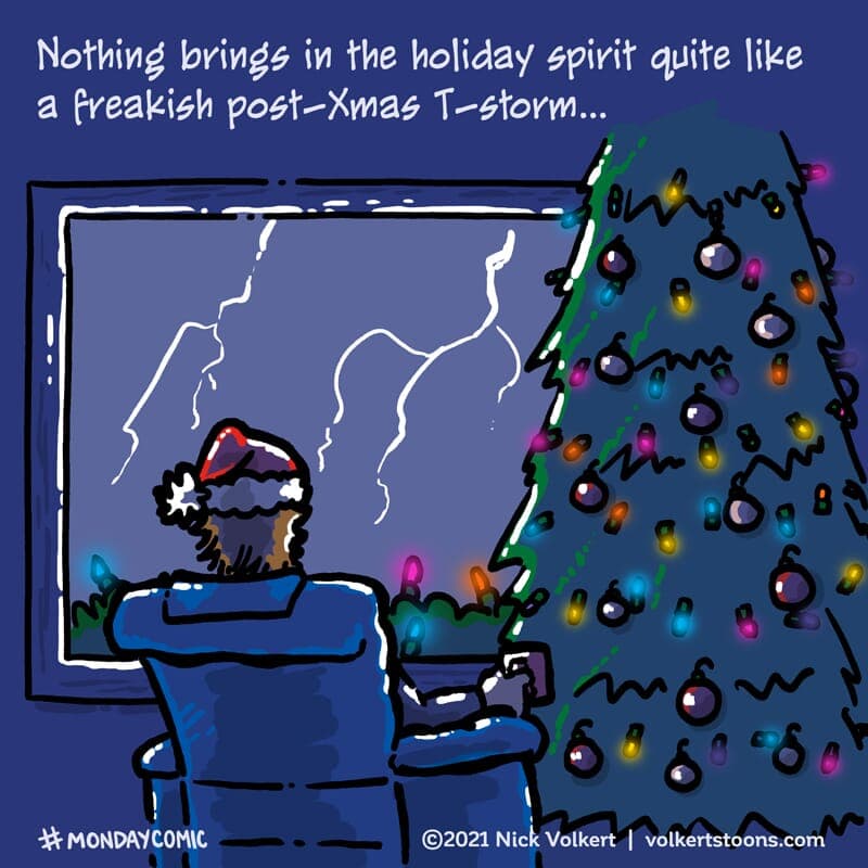 A young man watches a storm from beside his fully lit Christmas tree. - Part 1