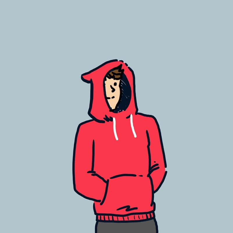 A young man disappears into a hooded sweatshirt with the hood up.