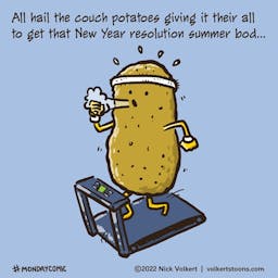 A potato with a head band runs on a treadmill as a part of their New Year Resolution.