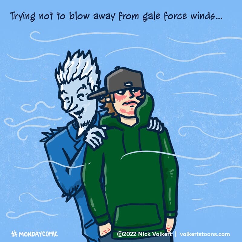A man shows his dry, cracked hands as Old Man Winter creeps behind him. - Part 2