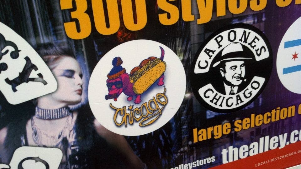 Image of my Chicago Dog illustration on an advertisment on a bench in Chicago