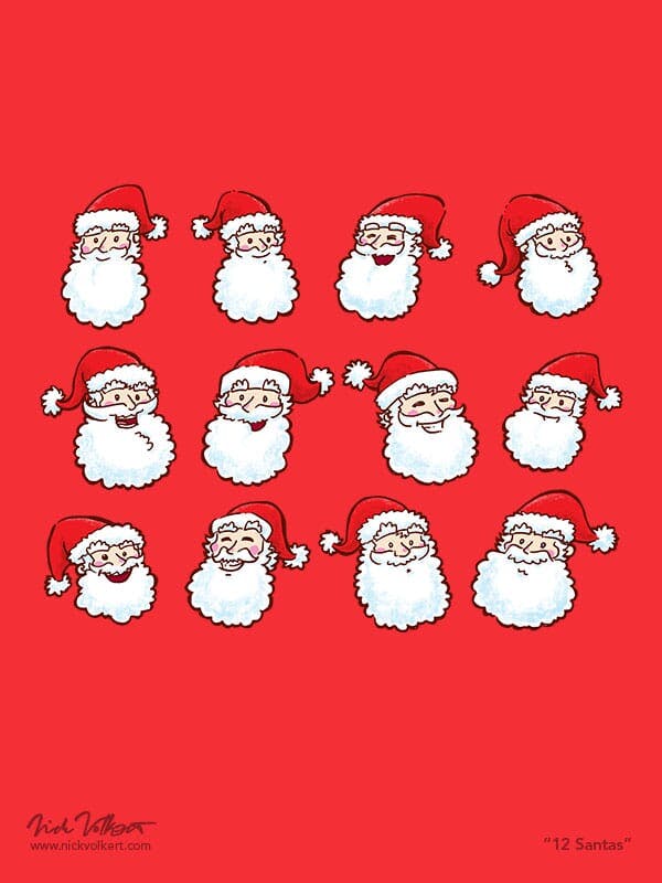 Twelve happy Santa Claus faces.