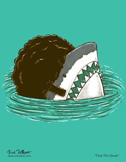 A shark peeks out of the water with a huge 1970s afro and sideburns.