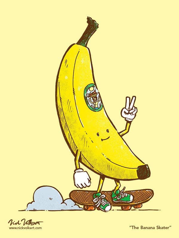 A cool banana skates on a skateboard while showing a peace gesture.